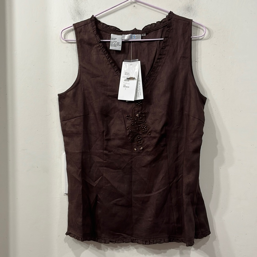 Alice Blue Linen Chocolate Brown SleevelessTop Side Zipper Embroidered Beads S